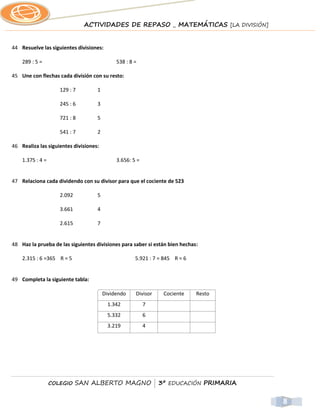 ACTIVIDADES DE REPASO _ MATEMÁTICAS [LA DIVISIÓN]


44 Resuelve las siguientes divisiones:

    289 : 5 =                                538 : 8 =

45 Une con flechas cada división con su resto:

                     129 : 7        1

                     245 : 6        3

                     721 : 8        5

                     541 : 7        2

46 Realiza las siguientes divisiones:

    1.375 : 4 =                              3.656: 5 =


47 Relaciona cada dividendo con su divisor para que el cociente de 523

                     2.092          5

                     3.661          4

                     2.615          7


48 Haz la prueba de las siguientes divisiones para saber si están bien hechas:

    2.315 : 6 =365 R = 5                             5.921 : 7 = 845 R = 6


49 Completa la siguiente tabla:

                                        Dividendo    Divisor    Cociente     Resto
                                         1.342            7
                                         5.332            6
                                         3.219            4




                  COLEGIO    SAN ALBERTO MAGNO | 3º EDUCACIÓN PRIMARIA


                                                                                     8
 