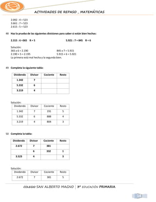 ACTIVIDADES DE REPASO _ MATEMÁTICAS

    2.092 : 4 = 523
    3.661 : 7 = 523
    2.615 : 5 = 523

48 Haz la prueba de las siguientes divisiones para saber si están bien hechas:

    2.315 : 6 =365 R = 5                            5.921 : 7 = 845 R = 6

    Solución:
    365 x 6 = 2.190                        845 x 7 = 5.915
    2.190 + 5 = 2.195                      5.915 + 6 = 5.921
    La primera está mal hecha y la segunda bien.


49 Completa la siguiente tabla:

      Dividendo       Divisor     Cociente    Resto
         1.342           7
         5.332           6
         3.219           4



    Solución:
       Dividendo      Divisor     Cociente    Resto
         1.342           7          191         5
         5.332           6          888         4
         3.219           4          804         3



50 Completa la tabla:

      Dividendo       Divisor     Cociente    Resto
        2.672           7           381
                        6           332         1
        3.523           4                       3



    Solución:
       Dividendo      Divisor     Cociente    Resto
         2.672           7          381         5


                 COLEGIO     SAN ALBERTO MAGNO | 3º EDUCACIÓN PRIMARIA


                                                                                 14
 