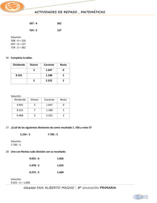 ACTIVIDADES DE REPASO _ MATEMÁTICAS


                    507 : 4                  362

                    724 : 2                  127

    Solución:
    508 : 4 = 126
    507 : 4 = 127
    724 : 2 = 362


26 Completa la tabla:

      Dividendo     Divisor       Cociente       Resto
                          3        1.647           0
        8.321                      1.188           5
                          3        2.322           2




    Solución:
       Dividendo        Divisor   Cociente       Resto
         4.941            3        1.647           0
         8.321            7        1.188           5
         6.968            3        2.322           2



27 ¿Cuál de las siguientes divisiones da como resultado 1. 556 y resto 3?

            5.224 : 3                7.783 : 5

    Solución:
    7.783 : 5

28 Une con flechas cada división con su resultado:

                    9.655 : 6                1.826

                    5.478 : 3                1.655

                    8.275 : 5                1.609

    Solución:
    9.655 : 6 = 1.609
                 COLEGIO      SAN ALBERTO MAGNO | 3º EDUCACIÓN PRIMARIA


                                                                            7
 