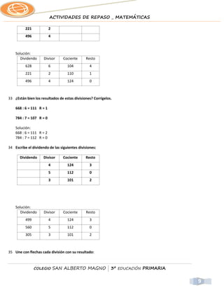ACTIVIDADES DE REPASO _ MATEMÁTICAS

          221             2
          496             4



    Solución:
       Dividendo     Divisor     Cociente     Resto
          628             6        104           4
          221             2        110           1
          496             4        124           0



33 ¿Están bien los resultados de estas divisiones? Corrígelos.

    668 : 6 = 111 R = 1

    784 : 7 = 107 R = 0

    Solución:
    668 : 6 = 111 R = 2
    784 : 7 = 112 R = 0

34 Escribe el dividendo de las siguientes divisiones:

       Dividendo     Divisor     Cociente     Resto
                          4        124           3
                          5        112           0
                          3        101           2




    Solución:
       Dividendo     Divisor     Cociente     Resto
          499             4        124           3
          560             5        112           0
          305             3        101           2



35 Une con flechas cada división con su resultado:



                COLEGIO       SAN ALBERTO MAGNO | 3º EDUCACIÓN PRIMARIA


                                                                          9
 