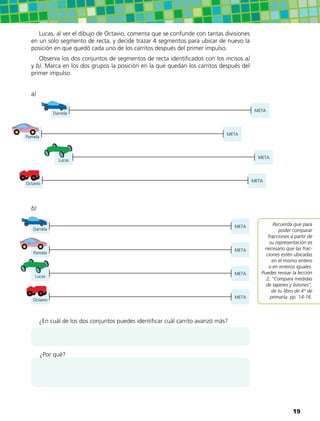 Lucas, al ver el dibujo de Octavio, comenta que se confunde con tantas divisiones
en un solo segmento de recta, y decide trazar 4 segmentos para ubicar de nuevo la
posición en que quedó cada uno de los carritos después del primer impulso.
Observa los dos conjuntos de segmentos de recta identificados con los incisos a)
y b). Marca en los dos grupos la posición en la que quedan los carritos después del
primer impulso.
a)
b)
Daniela
META
Pamela
META
Lucas
META
Octavio
META
¿En cuál de los dos conjuntos puedes identificar cuál carrito avanzó más?
¿Por qué?
Daniela
META
Recuerda que para
poder comparar
fracciones a partir de
su representación es
necesario que las frac-
ciones estén ubicadas
en el mismo entero
o en enteros iguales.
Puedes revisar la lección
2, “Compara medidas
de tapetes y listones”,
de tu libro de 4° de
primaria: pp. 14-16.
Pamela
META
Octavio
META
Lucas
META
19
 