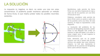 LA SOLUCIÓN
Nombremos cada porción de tierra
firme con una letra mayúscula en rojo y
cada uno de los puentes con una letra
minúscula en azul.
Podemos considerar cada porción de
tierra firme como un punto y cada uno
de los puentes como una línea. De esta
manera, el mapa es equivalente a este
diagrama:
La resolución del problema de los
puentes de Königsberg equivale a poder
trazar la red dibujada más arriba sin
levantar tu lápiz del papel y sin volver a
trazar ningún arco. A este trayecto lo
denominamos la red.
Euler demostró que no se puede
recorrer una red si posee más de dos
vértices con grados que sean números
impares. La red que representa el
problema de los puentes de Königsberg
tiene cuatro vértices impares.
La respuesta es negativa, es decir, no existe una ruta con estas
características. El problema puede resolverse aplicando un método
de fuerza bruta, lo que implica probar todos los posibles recorridos
existentes.
 