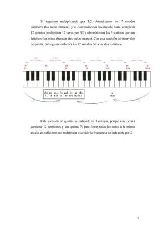 Si seguimos multiplicando por 3/2, obtendríamos los 7 sonidos
       naturales (las teclas blancas), y si continuásemos haciéndolo hasta completar
       12 quintas (multiplicar 12 veces por 3/2), obtendríamos los 5 sonidos que nos
       faltaban: las notas alteradas (las teclas negras). Con esta sucesión de intervalos
       de quinta, conseguimos obtener los 12 sonidos de la escala cromática.




              Esta sucesión de quintas se extiende en 7 octavas, porque una octava
       contiene 12 semitonos y una quinta 7; para llevar todas las notas a la misma
       escala, es suficiente con multiplicar o dividir la frecuencia de cada nota por 2.




	
                                                                                          3	
  
 