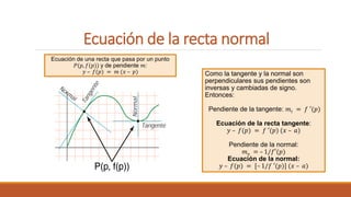 Ecuación de la recta normal
Como la tangente y la normal son
perpendiculares sus pendientes son
inversas y cambiadas de signo.
Entonces:
Pendiente de la tangente: 𝑚𝑡 = 𝑓 ′(𝑝)
Ecuación de la recta tangente:
𝑦 – 𝑓(𝑝) = 𝑓 ′(𝑝) (𝑥 – 𝑎)
Pendiente de la normal:
𝑚𝑛 = – 1/𝑓′(𝑝)
Ecuación de la normal:
𝑦 – 𝑓(𝑝) = [– 1/𝑓 ′(𝑝)] (𝑥 – 𝑎)
Ecuación de una recta que pasa por un punto
𝑃(𝑝, 𝑓(𝑝)) y de pendiente 𝑚:
𝑦 – 𝑓(𝑝) = 𝑚 (𝑥 – 𝑝)
 