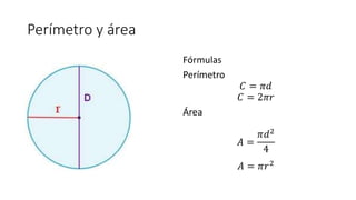 Perímetro y área
Fórmulas
Perímetro
𝐶 = 𝜋𝑑
𝐶 = 2𝜋𝑟
Área
𝐴 =
𝜋𝑑2
4
𝐴 = 𝜋𝑟2
 