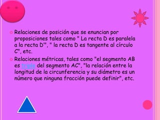 Geometría de Riemann.BiografíaRiemann (1826-1866) Nació: 17 de Septiembre 1826 en Breselenz, Hannover (Ahora Alemania), Falleció: 20 de Julio 1866 en Selasca, Italia escribió su tesis doctoral bajo la supervisión de Gauss, dio una clase inaugural en la que reformuló todo el concepto de la geometría, que el veía como un espacio con la suficiente estructura adicional para poder medir cosas como la longitud. Esta lección no se publicó hasta 1868, dos años después de la muerte de Riemann, pero había de tener una profunda influencia en el desarrollo de las diferentes geometrías. Riemann trató brevemente una geometría 'esférica' en la que cada línea que pasaba por un punto P exterior a una recta AB se cruzaba con la recta AB. En esta geometría no existían las paralelas.