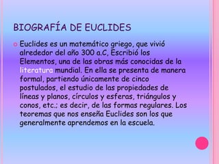 PERSONAJES QUE APORTARON TEORIAS HACIA LA GEOMETRÍALa geometría de Euclides, la geometría de Descartes, la geometría de Riemann o la de Lovachevski, etc., son unas teorías deductivas.Los entes de los cuales tratan se llaman figuras y podemos dar de ellas diversas imágenes que nos permiten comunicar con nuestros semejantes. Estas imágenes pueden ser símbolos figurativos, ecuaciones, etc.