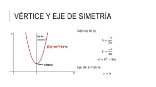 VÉRTICE Y EJE DE SIMETRÍA
Vértice (h,k)
ℎ =
−𝑏
2𝑎
𝑘 =
−𝑑
4𝑎
𝑑 = 𝑏2
− 4𝑎𝑐
Eje de simetría
𝑥 = ℎ
 