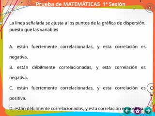 Prueba de MATEMÁTICAS 1ª Sesión
La línea señalada se ajusta a los puntos de la gráfica de dispersión,
puesto que las variables
A. están fuertemente correlacionadas, y esta correlación es
negativa.
B. están débilmente correlacionadas, y esta correlación es
negativa.
C. están fuertemente correlacionadas, y esta correlación es
positiva.
D. están débilmente correlacionadas, y esta correlación es positiva.
 