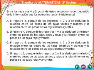 Prueba de MATEMÁTICAS 2ª Sesión
Entre los registros 4 y 5, ¿cuál de estos se podría haber deducido
de la información que los operarios tenían inicialmente?
A. El registro 4, porque de los registros 1, 2 y 3 se deducen la
relación entre los pesos de las cajas verdes y blancas y la
relación entre los pesos de las cajas blancas y cafés.
B. El registro 4, porque de los registros 1 y 3 se deducen la relación
entre los pesos de las cajas cafés y rojas y la relación entre los
pesos de las cajas rojas y verdes.
C. El registro 5, porque de los registros 1, 2 y 3 se deducen la
relación entre los pesos de las cajas amarillas y blancas y la
relación entre los pesos de las cajas blancas y verdes.
D. El registro 5, porque de los registros 2 y 3 se deducen la relación
entre los pesos de las cajas verdes y rojas y la relación entre los
pesos de las cajas rojas y amarillas.
 
