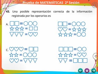 Prueba de MATEMÁTICAS 2ª Sesión
43. Una posible representación correcta de la información
registrada por los operarios es
A. B.
C. D.
 