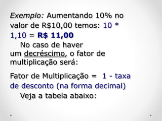 Exemplo: Aumentando 10% no
valor de R$10,00 temos: 10 *
1,10 = R$ 11,00
No caso de haver
um decréscimo, o fator de
multiplicação será:
Fator de Multiplicação = 1 - taxa
de desconto (na forma decimal)
Veja a tabela abaixo:
 