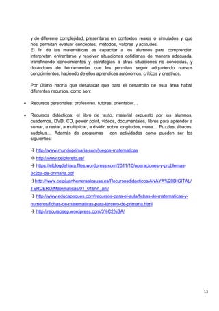 13
y de diferente complejidad, presentarse en contextos reales o simulados y que
nos permitan evaluar conceptos, métodos, valores y actitudes.
El fin de las matemáticas es capacitar a los alumnos para comprender,
interpretar, enfrentarse y resolver situaciones cotidianas de manera adecuada,
transfiriendo conocimientos y estrategias a otras situaciones no conocidas, y
dotándoles de herramientas que les permitan seguir adquiriendo nuevos
conocimientos, haciendo de ellos aprendices autónomos, críticos y creativos.
Por último habría que desatacar que para el desarrollo de esta área habrá
diferentes recursos, como son:
 Recursos personales: profesores, tutores, orientador…
 Recursos didácticos: el libro de texto, material expuesto por los alumnos,
cuadernos, DVD, CD, power point, videos, documentales, libros para aprender a
sumar, a restar, a multiplicar, a dividir, sobre longitudes, masa… Puzzles, ábacos,
sudokus… Además de programas con actividades como pueden ser los
siguientes:
 http://www.mundoprimaria.com/juegos-matematicas
 http://www.ceiploreto.es/
 https://elblogdehiara.files.wordpress.com/2011/10/operaciones-y-problemas-
3c2ba-de-primaria.pdf
http://www.ceipjuanherreraalcausa.es/Recursosdidacticos/ANAYA%20DIGITAL/
TERCERO/Matematicas/01_016nn_ani/
 http://www.educapeques.com/recursos-para-el-aula/fichas-de-matematicas-y-
numeros/fichas-de-matematicas-para-tercero-de-primaria.html
 http://recursosep.wordpress.com/3%C2%BA/
 