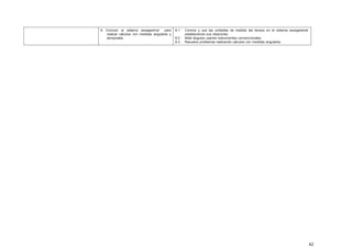 42
8. Conocer el sistema sexagesimal para
realizar cálculos con medidas angulares y
temporales.
8.1. Conoce y usa las unidades de medida del tiempo en el sistema sexagesimal
estableciendo sus relaciones.
8.2. Mide ángulos usando instrumentos convencionales.
8.3. Resuelve problemas realizando cálculos con medidas angulares.
 