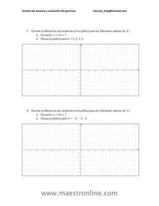 Servicio de asesoría y resolución de ejercicios ciencias_help@hotmail.com
www.maestronline.com
7. Escribe la diferencia que observas en la gráfica para los diferentes valores de “b”.
a. Ecuación: y = mx + 1
b. Dibuja la gráfica para m = 0, 2, 4, 6
8. Escribe la diferencia que observas en la gráfica para los diferentes valores de “m”.
a. Ecuación: y = mx + 1
b. Dibuja la gráfica para m = - 2, - 4, - 6
 