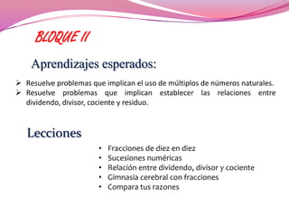 BLOQUE II
    Aprendizajes esperados:
 Resuelve problemas que implican el uso de múltiplos de números naturales.
 Resuelve problemas que implican establecer las relaciones entre
  dividendo, divisor, cociente y residuo.


   Lecciones
                       •   Fracciones de diez en diez
                       •   Sucesiones numéricas
                       •   Relación entre dividendo, divisor y cociente
                       •   Gimnasia cerebral con fracciones
                       •   Compara tus razones
 