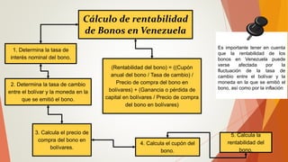 Cálculo de rentabilidad
de Bonos en Venezuela
1. Determina la tasa de
interés nominal del bono.
(Rentabilidad del bono) = ((Cupón
anual del bono / Tasa de cambio) /
Precio de compra del bono en
bolívares) + (Ganancia o pérdida de
capital en bolívares / Precio de compra
del bono en bolívares)
2. Determina la tasa de cambio
entre el bolívar y la moneda en la
que se emitió el bono.
3. Calcula el precio de
compra del bono en
bolívares.
4. Calcula el cupón del
bono.
5. Calcula la
rentabilidad del
bono.
Es importante tener en cuenta
que la rentabilidad de los
bonos en Venezuela puede
verse afectada por la
fluctuación de la tasa de
cambio entre el bolívar y la
moneda en la que se emitió el
bono, así como por la inflación
 