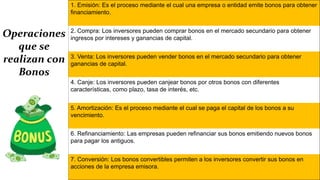 1. Emisión: Es el proceso mediante el cual una empresa o entidad emite bonos para obtener
financiamiento.
2. Compra: Los inversores pueden comprar bonos en el mercado secundario para obtener
ingresos por intereses y ganancias de capital.
3. Venta: Los inversores pueden vender bonos en el mercado secundario para obtener
ganancias de capital.
4. Canje: Los inversores pueden canjear bonos por otros bonos con diferentes
características, como plazo, tasa de interés, etc.
5. Amortización: Es el proceso mediante el cual se paga el capital de los bonos a su
vencimiento.
6. Refinanciamiento: Las empresas pueden refinanciar sus bonos emitiendo nuevos bonos
para pagar los antiguos.
7. Conversión: Los bonos convertibles permiten a los inversores convertir sus bonos en
acciones de la empresa emisora.
Operaciones
que se
realizan con
Bonos
 