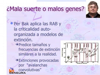 ¿Mala suerte o malos genes? Per Bak aplica las RAB y la criticalidad auto-organizada a modelos de extinción. Predice tamaños y frecuencias de extinción similares a la realidad. Extinciones provocadas por  “avalanchas coevolutivas” 