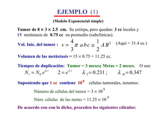 Tumor de 8    3    2.5  cm.  Se extirpa, pero quedan:  3 cc  locales y  15   metástasis de  0.75 cc   en promedio (subclínicas). Volumen de las metástasis  =  15    0.75 =   11.25 cc.  De acuerdo con con lo dicho, proceden los siguientes cálculos: (Modelo Exponencial simple) EJEMPLO  (1) Vol. Inic. del tumor  :  (Aquí = 31.4 cc.) Tiempos de duplicación:   Tumor = 3 meses ;  Metas = 2 meses.   O sea: Suponiendo que  1 cc   contiene  10 9 células tumorales, tenemos: Número de células del tumor  = 3    10  9 Núm. células  de las metas  = 11.25    10 9 