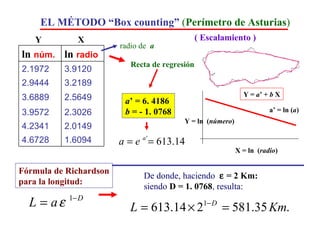 X = ln  ( radio ) Y = ln   ( número ) Y =  a ’ +  b  X a’ = ln ( a ) a ’ = 6. 4186 b  = - 1. 0768 Recta de regresión X Y De donde, haciendo     = 2 Km: siendo   D = 1. 0768 ,  resulta: radio de  a ( Escalamiento ) EL MÉTODO “Box counting”  ( Perímetro de Asturias ) 1.6094 4.6728 2.0149 4.2341 2.3026 3.9572 2.5649 3.6889 3.2189 2.9444 3.9120 2.1972 ln   radio ln   núm. Fórmula de Richardson para la longitud: 