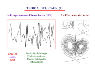 TEORÍA  DEL  CAOS  (1) 1 – El experimento de Edward Lorenz  (1961) 0.506127 contra 0.506 Predicción del tiempo. El efecto mariposa. Precios del algodón (Mandelbrot). 2 – El atractor de Lorenz 