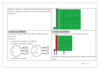 13 | P á g i n a
pedirá que cada uno en su banco forme una decena, la practicante
pasará por cada uno de los bancos a corroborar si los niños formaron
una decena.
ACTIVIDAD DE DESARROLLO
Les pedirá a los niños que saquen sus cuadernos coloquen la fecha, el
área y el tema.
Actividades:
1) Pega la decena formada con el multibase.
2) Completo hasta a llegar a la decena.
3) Completar con 1 decena.
ACTIVIDAD DE DESARROLLO
Les explicará a los alumnos que es lo que representa cada uno:
Les pedirá a los niños que saquen los cuadernos coloquen la fecha, el área
y tema.
 