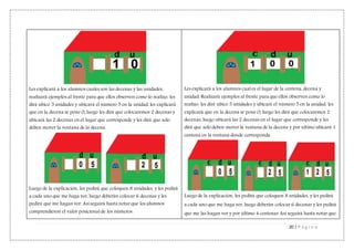 20 | P á g i n a
Les explicará a los alumnos cuales son las decenas y las unidades,
realizará ejemplos al frente para que ellos observen como lo realizo: les
dirá ubico 5 unidades y ubicará el número 5 en la unidad, les explicará
que en la decena se pone 0; luego les dirá que colocaremos 2 decenas y
ubicará las 2 decenas en el lugar que corresponde y les dirá que solo
deben mover la ventana de la decena.
Luego de la explicación, les pedirá que coloquen 8 unidades, y les pedirá
a cada uno que me haga ver, luego deberán colocar 6 decenas y les
pedirá que me hagan ver. Así seguirá hasta notar que los alumnos
comprendieron el valor posicional de los números.
Les explicará a los alumnos cual es el lugar de la centena, decena y
unidad. Realizará ejemplos al frente para que ellos observen como lo
realizo: les diré ubico 5 unidades y ubicaré el número 5 en la unidad, les
explicará que en la decena se pone 0; luego les dirá que colocaremos 2
decenas, luego ubicará las 2 decenas en el lugar que corresponde y les
dirá que solo deben mover la ventana de la decena y por ultimo ubicará 1
centena en la ventana donde corresponda.
Luego de la explicación, les pedirá que coloquen 8 unidades, y les pedirá
a cada uno que me haga ver, luego deberán colocar 6 decenas y les pedirá
que me las hagan ver y por último 4 centenas. Así seguirá hasta notar que
 