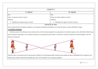 23 | P á g i n a
CLASE N° 6
1er
GRADO 2do
GRADO
Día:
Tema: La decena; mayor y menor
Objetivo:
 Identificar los signos mayor y menor
Día:
Tema: La centena. Mayor y menor.
Objetivo:
 Identificar los signos de mayor y menor.
Gestión de la clase
En la jornada de hoy la residente trabajará con ayuda de los alumnos para llegar a la noción de mayor y menor utilizando el signo.
ACTIVIDAD DE INICIO
Invitará a pasar a dos alumnas una de estatura alta y otro de estatura pequeña. Les preguntaré a los alumnos quién es más alta Natali o Abril, luego
que los alumnos respondan, se las cambiara de lugar y les preguntará ¿ahora quién es más alta?, cuando los alumnos contesten dibujará a las dos
niñas en el pizarrón:
Ahora les dirá a los alumnos que la más grande es Natalie y la más pequeña Abril, mientras tanto señalo los signos. Seguidamente les explicará a los
alumnos que existen números más grandes que otros. Se los explicaré con el siguiente ejemplo:
 