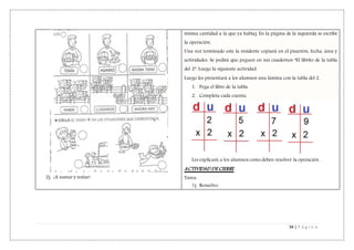 34 | P á g i n a
2) ¡A sumar y restar!
misma cantidad a la que ya había). En la página de la izquierda se escribe
la operación.
Una vez terminado este la residente copiará en el pizarrón, fecha, área y
actividades. Se pedirá que peguen en sus cuadernos “El librito de la tabla
del 2”. Luego la siguiente actividad.
Luego les presentará a los alumnos una lámina con la tabla del 2.
1. Pega el libro de la tabla.
2. Completa cada cuenta.
Les explicará a los alumnos como deben resolver la operación.
ACTIVIDAD DE CIERRE
Tarea:
1) Resuelvo:
 