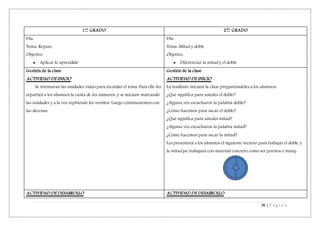 36 | P á g i n a
1er
GRADO 2do
GRADO
Día:
Tema: Repaso.
Objetivo:
 Aplicar lo aprendido
Día:
Tema: Mitad y doble
Objetivo:
 Diferenciar la mitad y el doble
Gestión de la clase
ACTIVIDAD DE INICIO
Se retomaran las unidades vistas para recordar el tema. Para ello les
repartirá a los alumnos la casita de los números, y se iniciará marcando
las unidades y a la vez repitiendo los versitos. Luego continuaremos con
las decenas.
Gestión de la clase
ACTIVIDAD DE INICIO
La residente iniciará la clase preguntándoles a los alumnos:
¿Qué significa para ustedes el doble?
¿Alguna vez escucharon la palabra doble?
¿Cómo hacemos para sacar el doble?
¿Qué significa para ustedes mitad?
¿Alguna vez escucharon la palabra mitad?
¿Cómo hacemos para sacar la mitad?
Les presentará a los alumnos el siguiente recurso para trabajar el doble y
la mitad (se trabajará con material concreto como ser porotos o maíz):
ACTIVIDAD DE DESARROLLO ACTIVIDAD DE DESARROLLO
 
