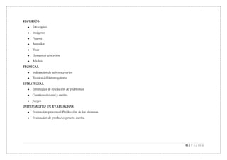 45 | P á g i n a
RECURSOS:
 Fotocopias
 Imágenes
 Pizarra
 Borrador
 Tizas
 Elementos concretos
 Afiches
TECNICAS:
 Indagación de saberes previos
 Técnica del interrogatorio
ESTRATEGIAS:
 Estrategias de resolución de problemas
 Cuestionario oral y escrito.
 Juegos
INSTRUMENTO DE EVALUACIÓN:
 Evaluación procesual: Producción de los alumnos
 Evaluación de producto: prueba escrita.
 