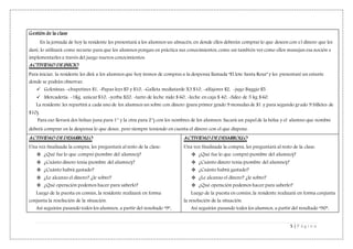 5 | P á g i n a
Gestión de la clase
En la jornada de hoy la residente les presentará a los alumnos un almacén, en donde ellos deberán comprar lo que deseen con el dinero que les
daré, lo utilizará como recurso para que los alumnos pongan en práctica sus conocimientos, como así también ver como ellos manejan esa noción e
implementarles a través del juego nuevos conocimientos.
ACTIVIDAD DE INICIO
Para iniciar, la residente les dirá a los alumnos que hoy iremos de compras a la despensa llamada “El lote Santa Rosa” y les presentaré un estante
donde se podrán observar:
 Golosinas: -chupetines $1, -Papas leys $5 y $10, -Galleta mediatarde X3 $10, -alfajores $2, -jugo Baggio $5.
 Mercadería: -1Kg. azúcar $10, -yerba $20, -tarro de leche nido $ 60, -leche en caja $ 40, -fideo de 5 kg $ 60.
La residente les repartirá a cada uno de los alumnos un sobre con dinero (para primer grado 9 monedas de $1 y para segundo grado 9 billetes de
$10).
Para eso llevará dos bolsas (una para 1° y la otra para 2°) con los nombres de los alumnos. Sacará un papel de la bolsa y el alumno que nombre
deberá comprar en la despensa lo que desee, pero siempre teniendo en cuenta el dinero con el que dispone.
ACTIVIDAD DE DESARROLLO
Una vez finalizada la compra, les preguntará al resto de la clase:
 ¿Qué fue lo que compró (nombre del alumno)?
 ¿Cuánto dinero tenia (nombre del alumno)?
 ¿Cuánto habrá gastado?
 ¿Le alcanzo el dinero? ¿le sobro?
 ¿Qué operación podemos hacer para saberlo?
Luego de la puesta en común, la residente realizará en forma
conjunta la resolución de la situación.
Así seguirán pasando todos los alumnos, a partir del resultado “9”,
ACTIVIDAD DE DESARROLLO
Una vez finalizada la compra, les preguntará al resto de la clase:
 ¿Qué fue lo que compró (nombre del alumno)?
 ¿Cuánto dinero tenia (nombre del alumno)?
 ¿Cuánto habrá gastado?
 ¿Le alcanzo el dinero? ¿le sobro?
 ¿Qué operación podemos hacer para saberlo?
Luego de la puesta en común, la residente realizará en forma conjunta
la resolución de la situación.
Así seguirán pasando todos los alumnos, a partir del resultado “90”,
 
