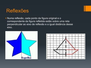 Reflexões
 Numa reflexão, cada ponto da figura original e o
  correspondente da figura refletida estão sobre uma reta
  perpendicular ao eixo de reflexão e a igual distância desse
  eixo.
 