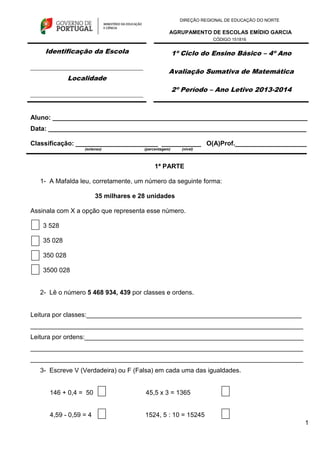 1
DIREÇÃO REGIONAL DE EDUCAÇÃO DO NORTE
AGRUPAMENTO DE ESCOLAS EMÍDIO GARCIA
CÓDIGO 151816
Aluno: _______________________________________________________________________
Data: ________________________________________________________________________
Classificação: _______________________ ___________ O(A)Prof.____________________
(extenso) (percentagem) (nível)
1ª PARTE
1- A Mafalda leu, corretamente, um número da seguinte forma:
35 milhares e 28 unidades
Assinala com X a opção que representa esse número.
3 528
35 028
350 028
3500 028
2- Lê o número 5 468 934, 439 por classes e ordens.
Leitura por classes:____________________________________________________________
____________________________________________________________________________
Leitura por ordens:_____________________________________________________________
____________________________________________________________________________
____________________________________________________________________________
3- Escreve V (Verdadeira) ou F (Falsa) em cada uma das igualdades.
146 + 0,4 = 50 45,5 x 3 = 1365
4,59 - 0,59 = 4 1524, 5 : 10 = 15245
Identificação da Escola
___________________________________
Localidade
___________________________________
1º Ciclo do Ensino Básico – 4º Ano
Avaliação Sumativa de Matemática
2º Período – Ano Letivo 2013-2014
 