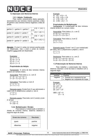 10 www.nuceconcursos.com.br | Informações: (81) 3198.1414NUCE | Concursos Públicos
Parte integrante da apostila do NUCE. Todos os direitos reservados ao professor Paulo Valença © Copyright. Proibida a reprodução total ou parcial desta obra.
ÉticaMatemática
1.2.Operação com Números Inteiros
1.2.1. Adição / Subtração
Para melhor entendimento desta operação,
associaremos aos números inteiros positivos a idéia
de ganhar e aos números inteiros negativos a idéia de
perder.
ganhar 3 + ganhar 4 = ganhar 7
(+3) + (+4) =
(+7)
perder 3 + perder 4 = perder 7
(-3) + (-4) = (-
7)
ganhar 8 + perder 5 = ganhar 3
(+8) + (-5) =
(+3)
perder 8 + ganhar 5 = perder 3
(-8) + (+5) = (-
3)
Atenção: O sinal (+) antes do número positivo pode
ser dispensado, mas o sinal (-) antes do número
negativo nunca pode ser dispensado.
Exemplos:
(a) -3 + 3 = 0
(b) +6 + 3 = 9
(c) +5 - 1 = 4
(d) -6 + 3 = -3
Propriedades da Adição
Fechamento: A soma de dois números inteiros
ainda é um número inteiro.
Associativa: Para todos a, b, c em Z:
a + (b + c) = (a + b) + c
2 + (3 + 7) = (2 + 3) + 7
Comutativa: Para todos a, b em Z:
a + b = b + a
3 + 7 = 7 + 3
Elemento neutro: Existe 0 em Z, que adicionado a
cada z em Z, proporciona o próprio z, isto é:
z + 0 = z
7 + 0 = 7
Elemento oposto: Para todo z em Z, existe (-z) em
Z, tal que
z + (-z) = 0
9 + (-9) = 0
1.2.2. Multiplicação / Divisão
Para realizar a multiplicação e também a
divisão de números inteiros, devemos obedecer à
seguinte regra de sinais:
Sinais dos números Resultado
iguais positivo
diferentes negativo
Exemplo:
a) (-2) . (+3) = - 6
b) (+5) . (+2) = +10
c) (-15) : (-5) = +3
d) (+20) : (-4) = - 5
Propriedades da Multiplicação
Fechamento: A multiplicação de dois números
inteiros ainda é um número inteiro.
Associativa: Para todos a, b, c em Z:
a x (b x c) = (a x b) x c
2 x (3 x 7) = (2 x 3) x 7
Comutativa: Para todos a, b em Z:
a x b = b x a
3 x 7 = 7 x 3
Elemento neutro: Existe 1 em Z, que multiplicado
por todo z em Z, proporciona o próprio z, isto é:
z x 1 = z
7 x 1 = 7
Distributiva: Para todos a, b, c em Z:
a x (b + c) = (a x b) + (a x c)
3 x (4 + 5) = (3 x 4) + (3 x 5)
1.3.Potenciação de Números Inteiros
Para trabalhar a potenciação dos inteiros,
devemos observar o sinal da base e trabalhar com a
seguinte regra:
Sinal da base Resultado
positivo Positivo
negativo  Positivo se o expoente for par
 Negativo se o expoente for impar
Exemplo:
(a) 32
= 9
(b) (-3)2
= 9
(c) 33
= 27
(d) (-3)3
= -27
OBS: (-3)2
= 9
-32
= - 9
 
