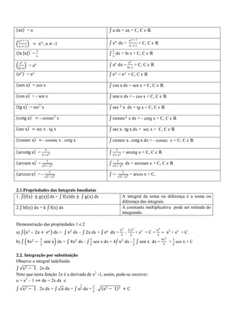 2.    ax ′ = a                                                             a dx = ax + C, C 𝜖 ℝ
                  ′                                                                            xn + 1
      xn + 1
3.                        = x 𝑛 , n ≠ -1                                   x n dx =                      + C, C 𝜖 ℝ
      n +1                                                                                     n +1
                  ′        1                                               1
4.    ln x                =x                                                   dx = ln x + C, C 𝜖 ℝ
                                                                           x

      ax      ′                                                                                ax
5.                =a𝑥                                                      ax dx = ln a + C, C 𝜖 ℝ
      ln a
        x ′
6.    e        =e𝑥                                                         e 𝑥 = e 𝑥 + C, C 𝜖 ℝ

7.    sen x ′ = cos x                                                      cos x dx = sen x + C, C 𝜖 ℝ

8.    cos x ′ = - sen x                                                    sen x dx = - cos x + C, C 𝜖 ℝ

9.    tg x ′ = sec2 x                                                      sec 2 x dx = tg x + C, C 𝜖 ℝ

                      ′
10. cotg x                 = - cossec2 x                                   cossec 2 x dx = - cotg x + C, C 𝜖 ℝ

11. sec x ′ = sec x . tg x                                                 sec x . tg x dx = sec x + C, C 𝜖 ℝ

12. cossec x ′ = - cossec x . cotg x                                       cossec x . cotg x dx = - cossec x + C, C 𝜖 ℝ

                                   1                                           1
13. arcotg x ′ = 1+ x 2                                                                = arcotg x + C, C 𝜖 ℝ
                                                                           1+ x 2
                                    1                                           1
14. arcsen x ′ =                                                                           dx = arcosen x + C, C 𝜖 ℝ
                                   1− x 2                                      1− x 2
                                        1                                              1
15. arccos x ′ = -                                                         −                    = arcos x + C,
                                    1− x 2                                          1− x 2



     2.1.Propriedades das Integrais Imediatas
     1. f x ± g(x) dx = f x dx ± g(x) dx                                               A integral da soma ou diferença é a soma ou
                                                                                       diferença das integrais.
     2. kf(x) dx = k                    f(x) dx                                        A constante multiplicativa pode ser retirada do
                                                                                       integrando.

     Demonstração das propriedades 1 e 2
                                                                                    x3         2 x2                  x3
     a)       x 2 – 2x + ex dx =                  x 2 dx – 2x dx +     ex dx =             –            + ex + C =        − x2 + ex + C
                                                                                       3        2                    3
                               1                               1                                    1                     4x 3    1
     b)        4x 2 −              sen x dx =      4x 2 dx -     sen x dx = 4 x 2 dx - 2                  sen x dx =             + 2 cos x + C
                               2                               2                                                           3


     2.2. Integração por substituição
     Observe a integral indefinida:
        x 2 − 1 . 2x dx
     Note que nesta função 2x é a derivada de x2 -1, assim, pode-se escrever:
     u = x2 – 1 ⟹ du = 2x dx e
                                                        1
                                                                   2
           x 2 − 1 . 2x dx =                 u du = u2 du = 3 .        x2 − 1      3       +C
 
