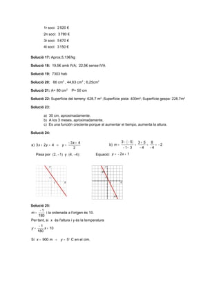 1r soci: 2 520 €
         2n soci: 3 780 €
         3r soci: 5 670 €
         4t soci: 3 150 €

Solució 17: Aprox.5,13€/kg

Solució 18: 19,5€ amb IVA; 22,5€ sense IVA

Solució 19: 7303 hab

Solució 20: 66 cm2 , 44,63 cm2 ; 6,25cm2

Solució 21: A= 80 cm2       P= 50 cm

Solució 22: Superfície del terreny: 628,7 m2 ;Superfície pista: 400m2; Superfície gespa: 228,7m2

Solució 23:

         a) 30 cm, aproximadamente.
         b) A los 3 meses, aproximadamente.
         c) Es una función creciente porque al aumentar el tiempo, aumenta la altura.

Solució 24:

                         − 3x + 4                           3 − ( − 5)       3+ 5   8
a) 3 x + 2y = 4 →   y=                             b) m =                =        =    = −2
                            2                                − 1− 3           −4    −4
     Pasa por (2, −1) y (4, −4):          Equació: y = − 2x + 1




Solució 25:
      −1
m=        i la ordenada a l'origen és 10.
     180
Per tant, si x és l'altura i y és la temperatura
      −1
y=       x + 10
     180

Si x = 900 m →      y = 5° C en el cim.
 