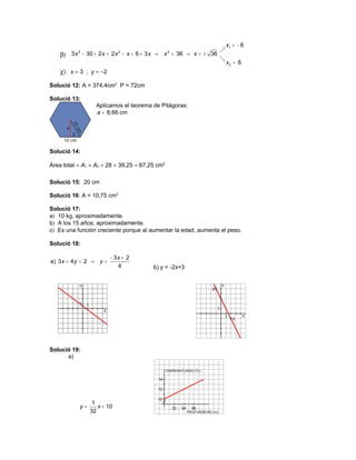 x1 = − 6
                                                                    Z
    β) 3 x − 30 + 2 x = 2 x − x + 6 + 3 x →   x 2 = 36 → x = ± 36
          2                2

                                                                    ]
                                                                        x2 = 6
    χ) x = 3 ; y = −2

Solució 12: A = 374,4cm2 P = 72cm

Solució 13:
                     Aplicamos el teorema de Pitágoras:
                     a ≈ 8,66 cm




Solució 14:

Área total = A1 + A2 = 28 + 39,25 = 67,25 cm2

Solució 15: 20 cm

Solució 16: A = 10,75 cm2

Solució 17:
a) 10 kg, aproximadamente.
b) A los 15 años, aproximadamente.
c) Es una función creciente porque al aumentar la edad, aumenta el peso.

Solució 18:

                           − 3x + 2
a) 3 x + 4 y = 2 →    y=
                              4           b) y = -2x+3




Solució 19:
      a)




                  1
            y=      x + 10
                 32
 