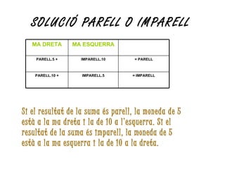 SOLUCIÓ PARELL O IMPARELL   Si el resultat de la suma és parell, la moneda de 5 està a la ma dreta i la de 10 a l’esquerra. Si el resultat de la suma és imparell, la moneda de 5 està a la ma esquerra i la de 10 a la dreta. = IMPARELL IMPARELL.5 PARELL.10 + = PARELL IMPARELL.10 PARELL.5 + MA ESQUERRA MA DRETA 