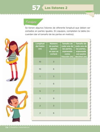 114 | Desafíos matemáticos
Actividad 1Actividad 1
Actividad 1Actividad 1
Actividad 2Actividad 2Actividad 2Actividad 2
Actividad 3Actividad 3Actividad 3Actividad 3
Actividad 4Actividad 4Actividad 4Actividad 4
ConsignaConsigna
Se tienen algunos listones de diferente longitud que deben ser
cortados en partes iguales. En equipos, completen la tabla (re-
cuerden dar el tamaño de las partes en metros).
Longitud
del listón
(m)
Número
de partes
iguales
en que se
cortará
Tamaño de
cada una de
las partes,
expresada
como
fracción (m)
Tamaño de
cada una de
las partes,
expresada
con punto
decimal (m)
10 3
10 6
1 3
1 6
5 7
5 9
2 3
2 6
Actividad 1Actividad 111
Actividad 2Actividad 222ConsignaConsigna
Actividad 3Actividad 3Actividad 3Actividad 3
Actividad 4Actividad 4Actividad 4Actividad 4
ConsignaConsigna
Los listones 257
ETC-DESAFIOS-ALUM-6-P-001-184.indd 114 14/05/14 14:40
 