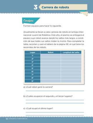 12 | Desafíos matemáticos
Formen equipos para hacer lo siguiente.
Anualmente se llevan a cabo carreras de robots en la Expo Inter-
nacional Juvenil de Robótica. Este año, el premio se entregará al
equipo cuyo robot avance dando los saltos más largos, a condi-
ción de que todos sus saltos midan lo mismo. Para completar la
tabla, recorten y usen el tablero de la página 181, el cual tiene los
recorridos de los robots.
a) 	¿Cuál robot ganó la carrera?
	 
b) 	¿Cuáles ocuparon el segundo y el tercer lugares?
	 
	 
c) 	¿Cuál ocupó el último lugar?
	 
	 
Lugar Robot Longitud del salto
1º
2º
3º
4º
5º
6º
7º
8º
9º
Actividad 1Actividad 1Actividad 1Actividad 1
ConsignaConsigna
Actividad 2Actividad 2Actividad 2Actividad 2
Actividad 3Actividad 3Actividad 3Actividad 3
Actividad 4Actividad 4Actividad 4Actividad 4
ConsignaConsigna
ConsignaConsigna
Carrera de robots3
ETC-DESAFIOS-ALUM-6-P-001-184.indd 12 14/05/14 14:39
 