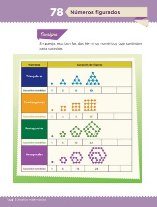 144 | Desafíos matemáticos
Actividad 1Actividad 1
Actividad 1Actividad 1
Actividad 2Actividad 2Actividad 2Actividad 2
Actividad 3Actividad 3Actividad 3Actividad 3
Actividad 4Actividad 4Actividad 4Actividad 4
ConsignaConsigna
En pareja, escriban los dos términos numéricos que continúan
cada sucesión.
ConsignaConsigna
ConsignaConsigna
Números figurados78
Números Sucesión de figuras
Triangulares
Sucesión numérica 1 3 6 10
Cuadrangulares
Sucesión numérica 1 4 9 16
Pentagonales
Sucesión numérica 1 5 12 22
Hexagonales
Sucesión numérica 1 6 15 28
ETC-DESAFIOS-ALUM-6-P-001-184.indd 144 14/05/14 14:40
 