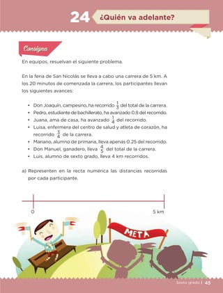 45Sexto grado |
¿Quién va adelante?24
Actividad 1Actividad 1
Actividad 1Actividad 1
Actividad 2Actividad 2Actividad 2Actividad 2
Actividad 3Actividad 3Actividad 3Actividad 3
Actividad 4Actividad 4Actividad 4Actividad 4
ConsignaConsigna
En equipos, resuelvan el siguiente problema.
En la feria de San Nicolás se lleva a cabo una carrera de 5 km. A
los 20 minutos de comenzada la carrera, los participantes llevan
los siguientes avances:
•	 Don Joaquín, campesino, ha recorrido
1
del total de la carrera.
•	 Pedro, estudiante de bachillerato, ha avanzado 0.8 del recorrido.
•	 Juana, ama de casa, ha avanzado
1
del recorrido.
•	 Luisa, enfermera del centro de salud y atleta de corazón, ha
recorrido
3
de la carrera.
•	 Mariano, alumno de primaria, lleva apenas 0.25 del recorrido.
•	 Don Manuel, ganadero, lleva
4
del total de la carrera.
•	 Luis, alumno de sexto grado, lleva 4 km recorridos.
a) 	Representen en la recta numérica las distancias recorridas
por cada participante.
0 5 km
3
4
5
4
ETC-DESAFIOS-ALUM-6-P-001-184.indd 45 14/05/14 18:01
 