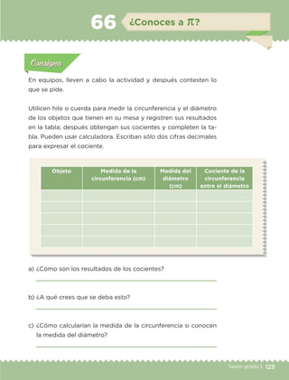 125Sexto grado |
Actividad 1Actividad 111
Actividad 2Actividad 222ConsignaConsigna
Actividad 3Actividad 3Actividad 3Actividad 3
Actividad 4Actividad 4Actividad 4Actividad 4
ConsignaConsigna
¿Conoces a π?66
Actividad 1Actividad 1
Actividad 1Actividad 1
Actividad 2Actividad 2Actividad 2Actividad 2
Actividad 3Actividad 3Actividad 3Actividad 3
Actividad 4Actividad 4Actividad 4Actividad 4
ConsignaConsigna
En equipos, lleven a cabo la actividad y después contesten lo
que se pide.
Utilicen hilo o cuerda para medir la circunferencia y el diámetro
de los objetos que tienen en su mesa y registren sus resultados
en la tabla; después obtengan sus cocientes y completen la ta-
bla. Pueden usar calculadora. Escriban sólo dos cifras decimales
para expresar el cociente.
Objeto Medida de la
circunferencia (cm)
Medida del
diámetro
(cm)
Cociente de la
circunferencia
entre el diámetro
a) 	¿Cómo son los resultados de los cocientes?

b) 	¿A qué crees que se deba esto?

c) 	¿Cómo calcularían la medida de la circunferencia si conocen
la medida del diámetro?

ETC-DESAFIOS-ALUM-6-P-001-184.indd 125 14/05/14 14:40
 