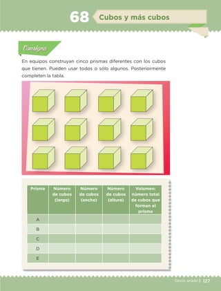 127Sexto grado |
Actividad 1Actividad 111
Actividad 2Actividad 222ConsignaConsigna
Actividad 3Actividad 3Actividad 3Actividad 3
Actividad 4Actividad 4Actividad 4Actividad 4
ConsignaConsigna
Cubos y más cubos68
Actividad 1Actividad 1
Actividad 1Actividad 1
Actividad 2Actividad 2Actividad 2Actividad 2
Actividad 3Actividad 3Actividad 3Actividad 3
Actividad 4Actividad 4Actividad 4Actividad 4
ConsignaConsigna
En equipos construyan cinco prismas diferentes con los cubos
que tienen. Pueden usar todos o sólo algunos. Posteriormente
completen la tabla.
Prisma Número
de cubos
(largo)
Número
de cubos
(ancho)
Número
de cubos
(altura)
Volumen:
número total
de cubos que
forman el
prisma
A
B
C
D
E
ETC-DESAFIOS-ALUM-6-P-001-184.indd 127 14/05/14 14:40
 