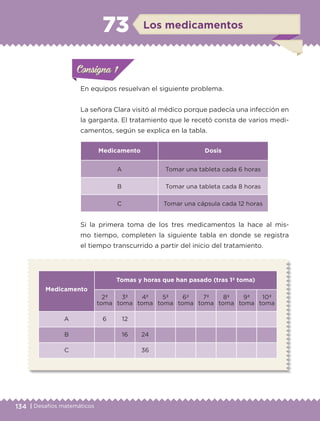 134 | Desafíos matemáticos
ConsignaConsigna
ConsignaConsigna
En equipos resuelvan el siguiente problema.
La señora Clara visitó al médico porque padecía una infección en
la garganta. El tratamiento que le recetó consta de varios medi-
camentos, según se explica en la tabla.
Medicamento Dosis
A Tomar una tableta cada 6 horas
B Tomar una tableta cada 8 horas
C Tomar una cápsula cada 12 horas
Medicamento
Tomas y horas que han pasado (tras 1ª toma)
2ª
toma
3ª
toma
4ª
toma
5ª
toma
6ª
toma
7ª
toma
8ª
toma
9ª
toma
10ª
toma
A 6 12
B 16 24
C 36
Si la primera toma de los tres medicamentos la hace al mis-
mo tiempo, completen la siguiente tabla en donde se registra
el tiempo transcurrido a partir del inicio del tratamiento.
ConsignaConsigna
ConsignaConsigna
Los medicamentos73
ETC-DESAFIOS-ALUM-6-P-001-184.indd 134 14/05/14 14:40
 