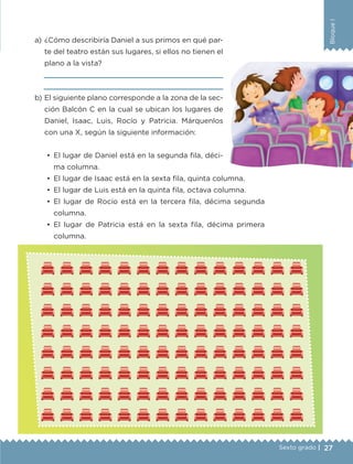 27
BloqueI
Sexto grado |
a) 	¿Cómo describiría Daniel a sus primos en qué par-
te del teatro están sus lugares, si ellos no tienen el
plano a la vista?	


b) 	El siguiente plano corresponde a la zona de la sec-
ción Balcón C en la cual se ubican los lugares de
Daniel, Isaac, Luis, Rocío y Patricia. Márquenlos
con una X, según la siguiente información:
•	 El lugar de Daniel está en la segunda fila, déci-
ma columna.
•	 El lugar de Isaac está en la sexta fila, quinta columna.
•	 El lugar de Luis está en la quinta fila, octava columna.
•	 El lugar de Rocío está en la tercera fila, décima segunda
columna.
•	 El lugar de Patricia está en la sexta fila, décima primera
columna.
ETC-DESAFIOS-ALUM-6-P-001-184.indd 27 14/05/14 14:39
 