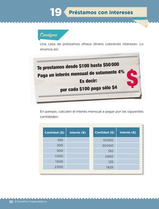 36 | Desafíos matemáticos
ConsignaConsigna
ConsignaConsigna
Préstamos con intereses19
Una casa de préstamos ofrece dinero cobrando intereses. Lo
anuncia así:
Cantidad ($) Interés ($)
100
200
500
1000
1500
2500
En parejas, calculen el interés mensual a pagar por las siguientes
cantidades:
Cantidad ($) Interés ($)
10000
50000
150
2650
125
1625
Actividad 1Actividad 1Actividad 1Actividad 1
ConsignaConsigna
Actividad 2Actividad 2Actividad 2Actividad 2
Actividad 3Actividad 3Actividad 3Actividad 3
Actividad 4Actividad 4Actividad 4Actividad 4
Te prestamos desde $100 hasta $50 000
Paga un interés mensual de solamente 4%
Es decir:
por cada $100 paga sólo $4
$
ETC-DESAFIOS-ALUM-6-P-001-184.indd 36 14/05/14 14:39
 