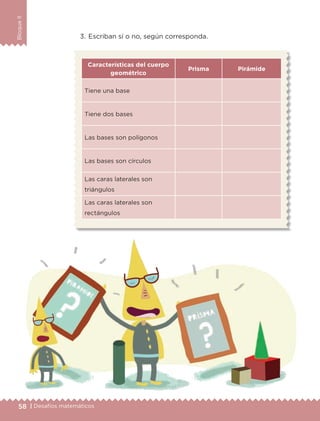 58 | Desafíos matemáticos
BloqueII
3.	Escriban sí o no, según corresponda.
Características del cuerpo
geométrico
Prisma Pirámide
Tiene una base
Tiene dos bases
Las bases son polígonos
Las bases son círculos
Las caras laterales son
triángulos
Las caras laterales son
rectángulos
ETC-DESAFIOS-ALUM-6-P-001-184.indd 58 14/05/14 14:39
 